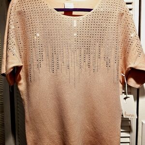 PEACHY PINK SPARKLING SWEATER TOP WITH LOOSE 3/4 SLEEVES ..SIZE:XL